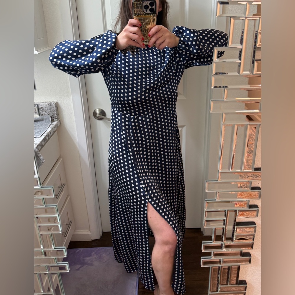 Maxi Dress, Navy Blue & White Polka-Dots, 3/4 Length Sleeves, Long Side-Slit